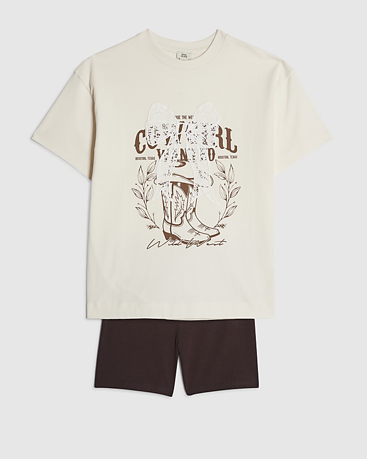 Girls Cream Cowgirl Cycle Shorts Set