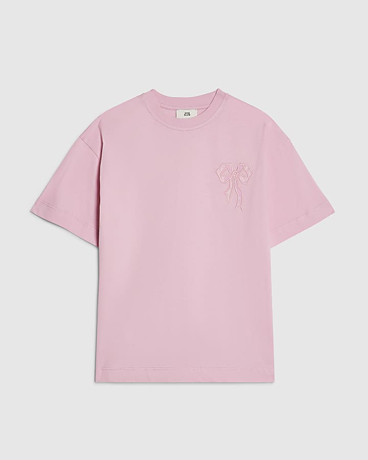 Girls Pink Applique Bow T-Shirt
