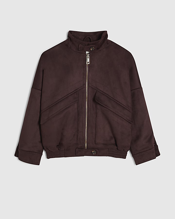 Girls Burgundy Faux Suede Bomber Jacket