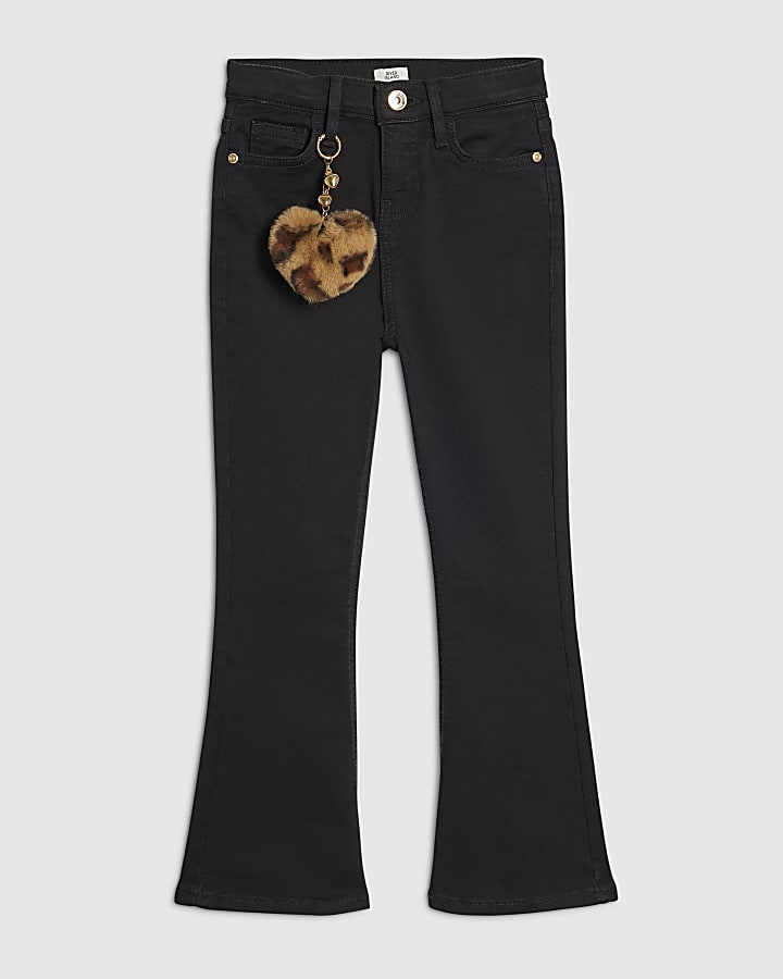 Girls Black Leopard Print Heart Flared Jeans