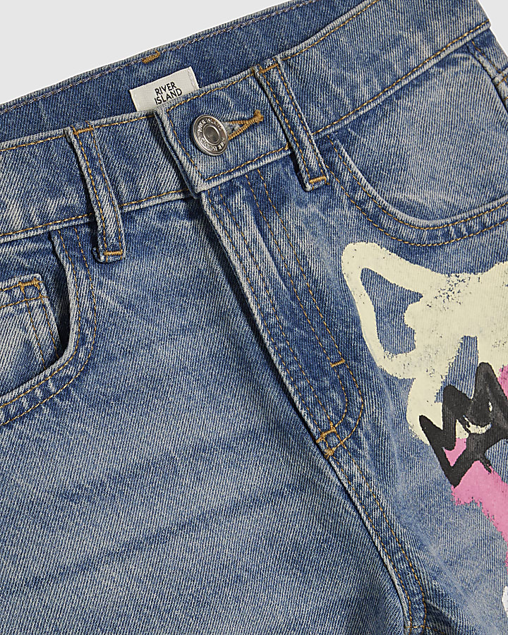 Girls Blue Amour Graffiti Straight Leg Jeans