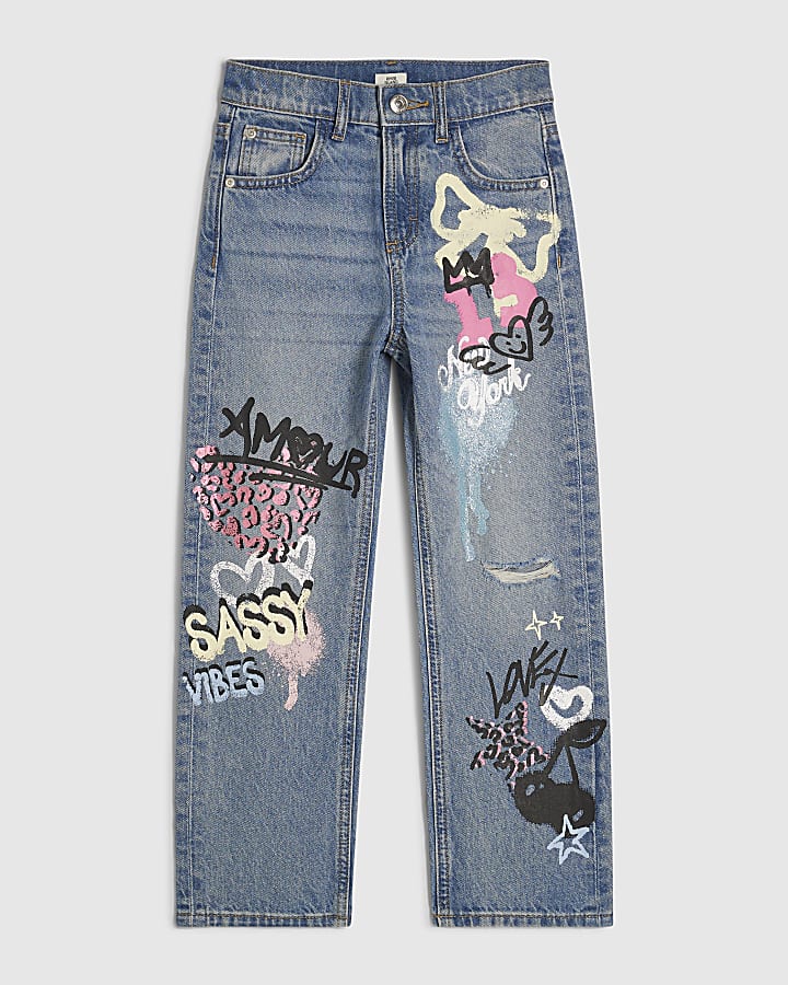 Girls Blue Amour Graffiti Straight Leg Jeans