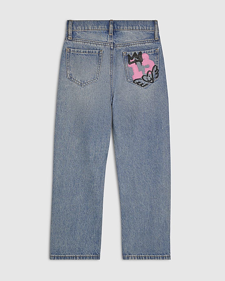 Girls Blue Amour Graffiti Straight Leg Jeans
