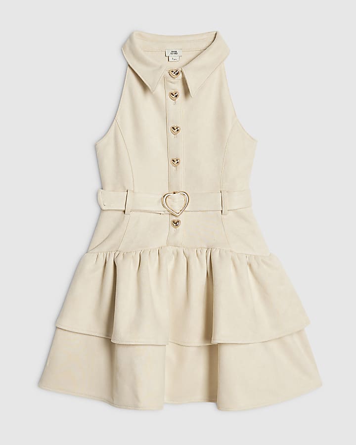 Girls Cream Collared Faux Suedette Dress