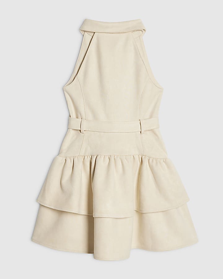 Girls Cream Collared Faux Suedette Dress