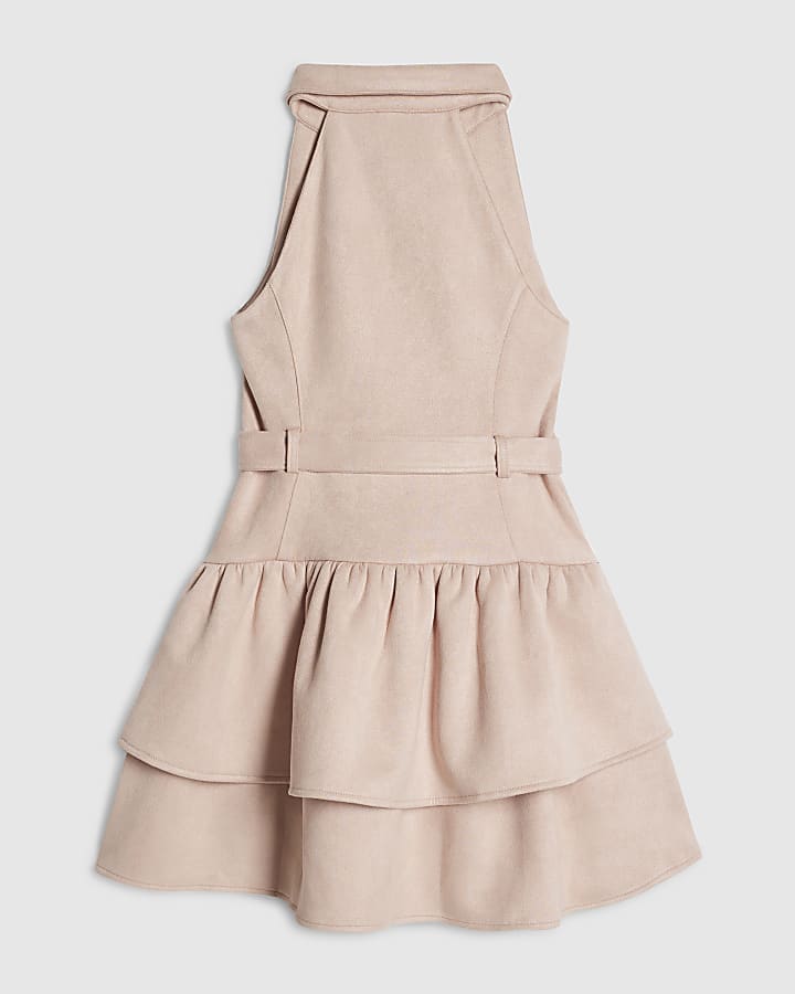 Girls Pink Collared Faux Suedette Dress