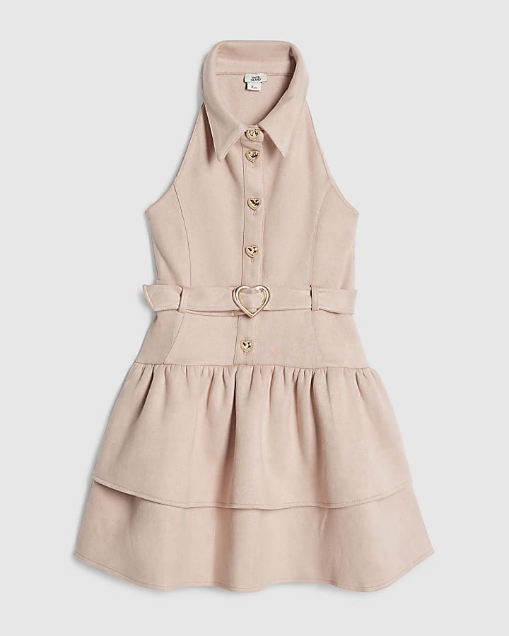 Girls Pink Collared Faux Suedette Dress