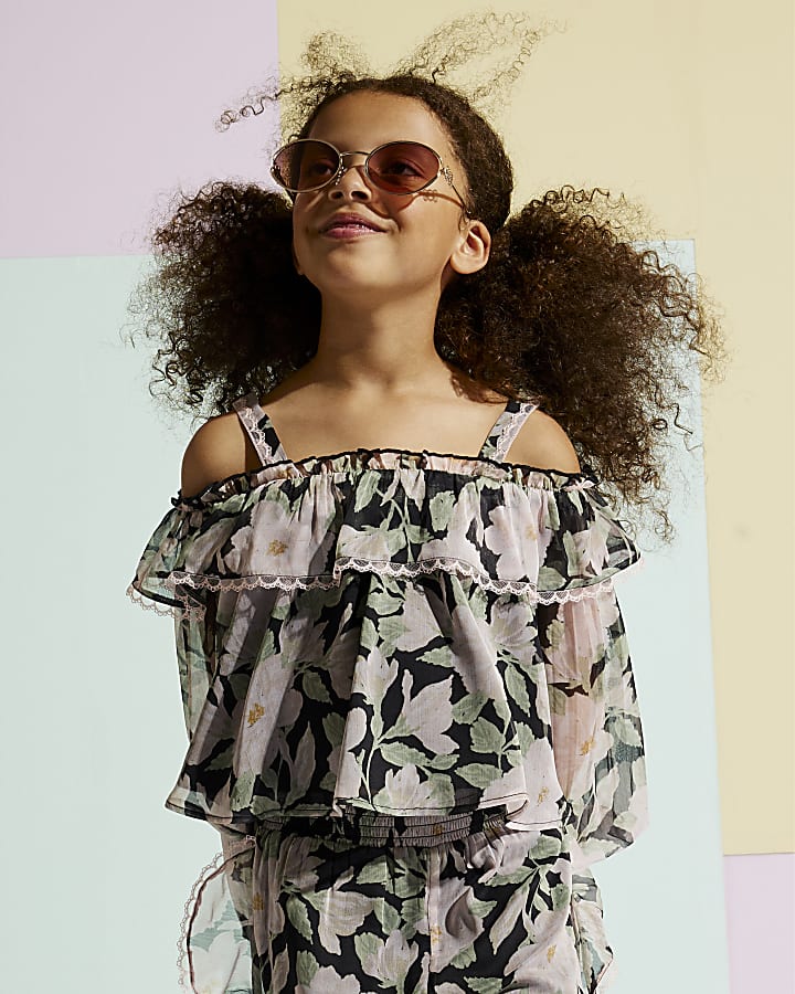 Girls Black Floral Cold Shoulder Top