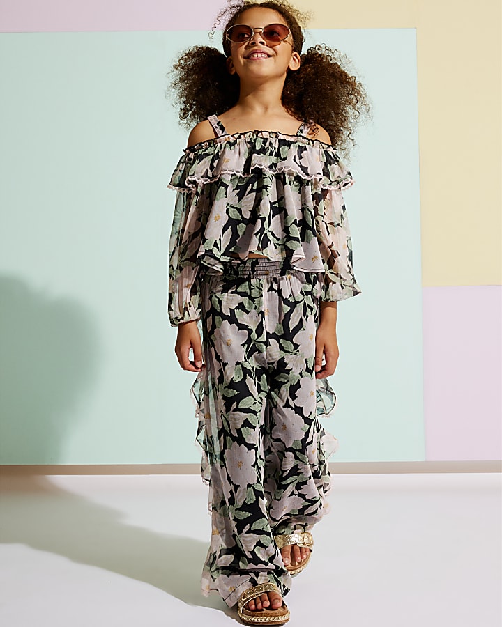 Girls Black Floral Cold Shoulder Top