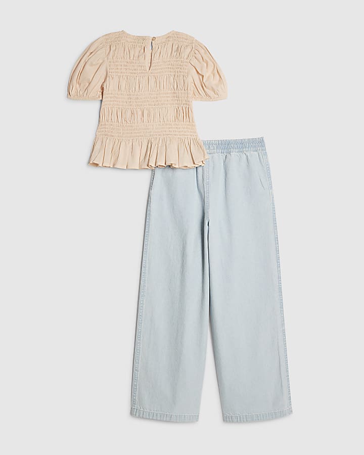 Girls Pink Bow Top & Jeans Set