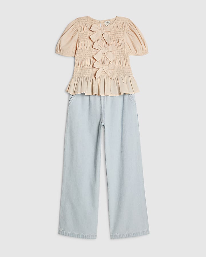 Girls Pink Bow Top & Jeans Set