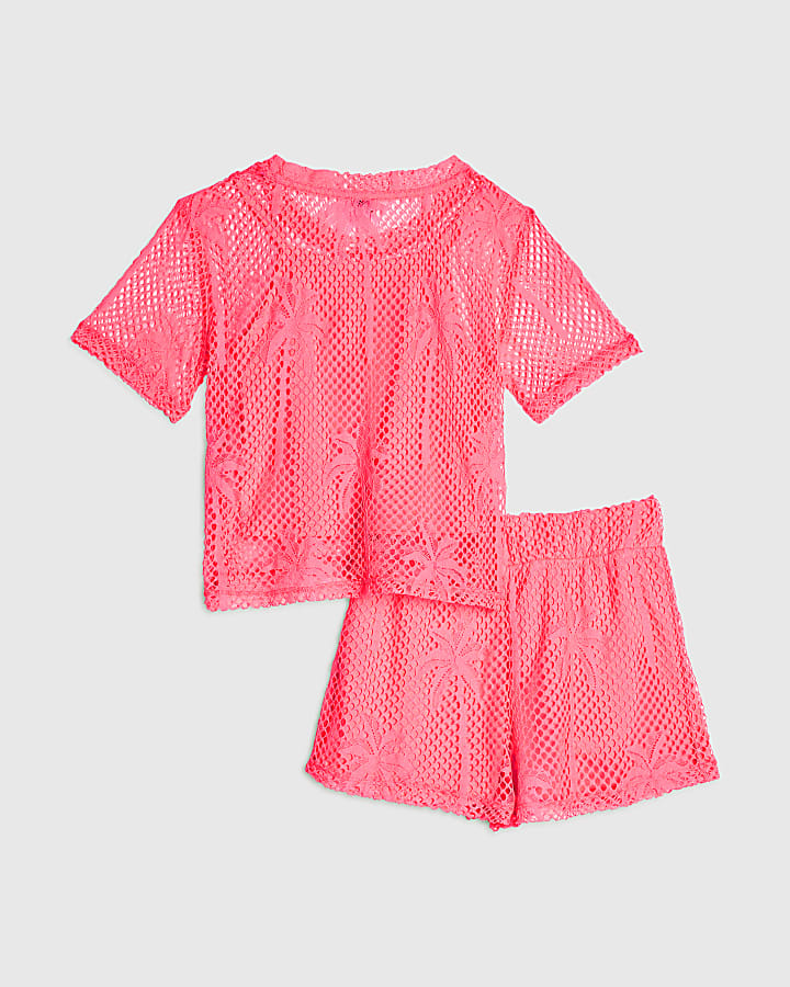 Girls Pink Neon Palm Mesh Short Set