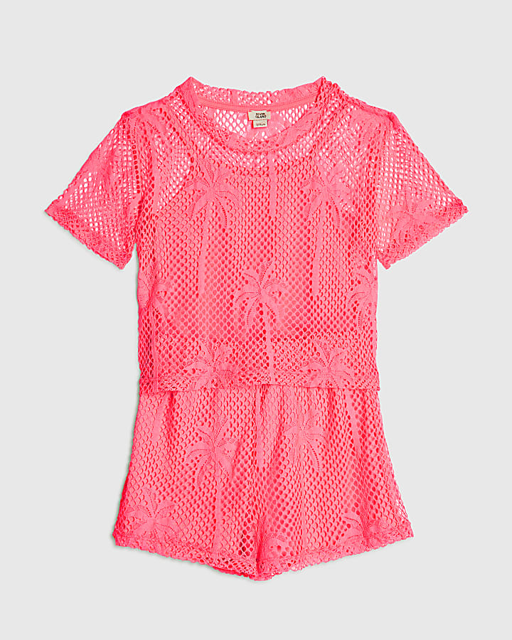 Girls Pink Neon Palm Mesh Short Set