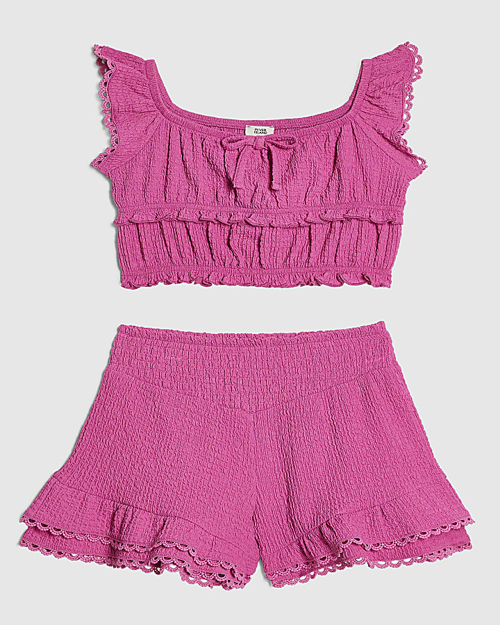 Girls Pink Frilled Shirred  Top & Shorts Set