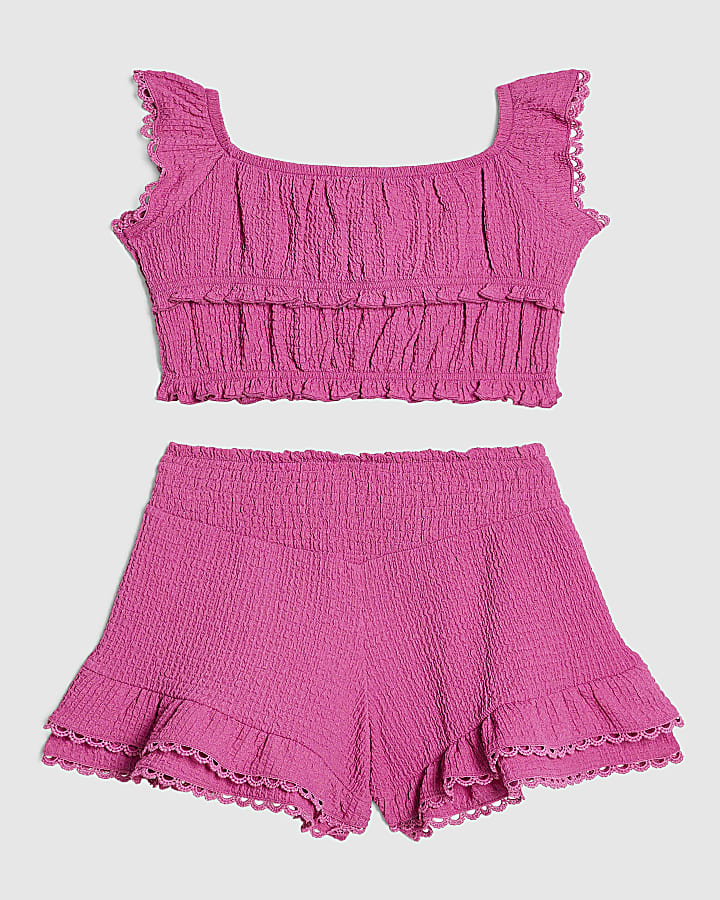 Girls Pink Frilled Shirred  Top & Shorts Set