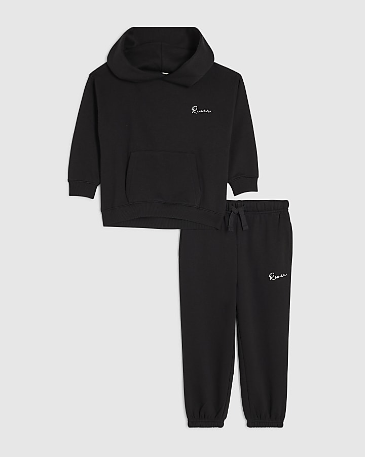 Mini Boys Black River Hoodie And Joggers Set