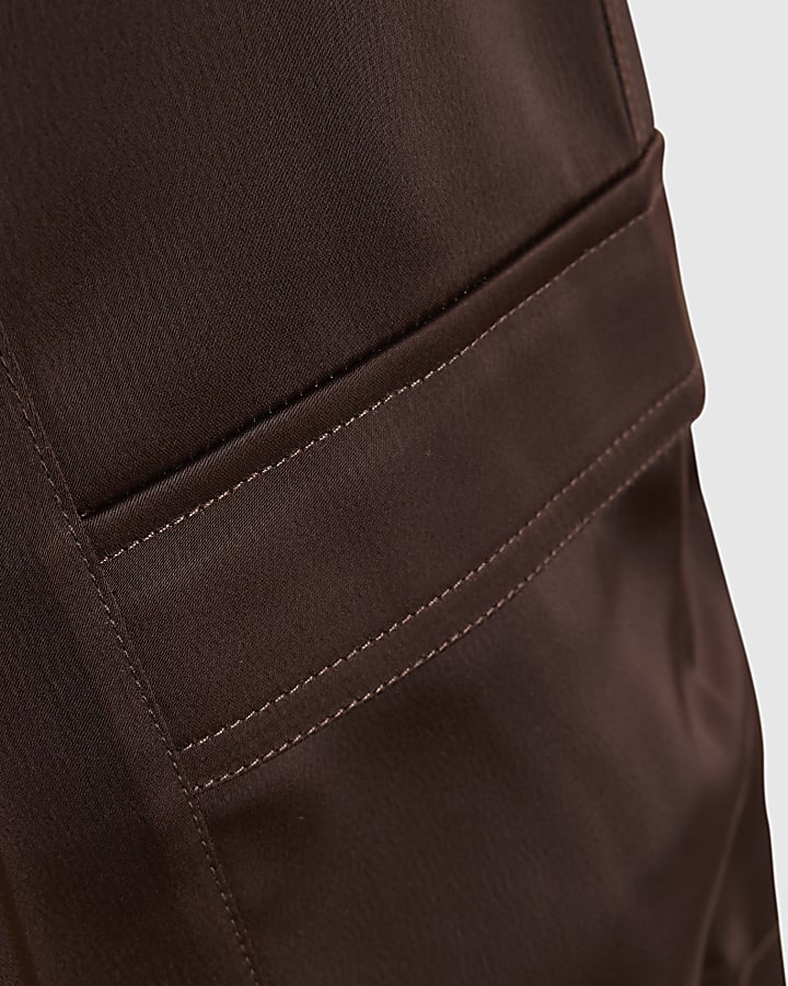 Girls Brown Satin Cargo Trousers