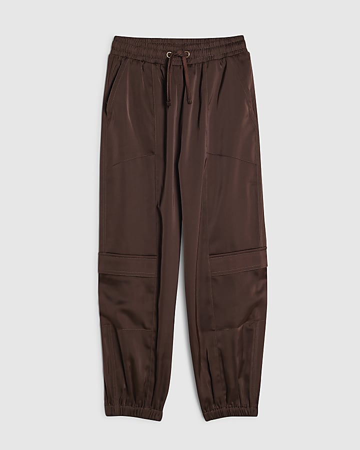 Girls Brown Satin Cargo Trousers