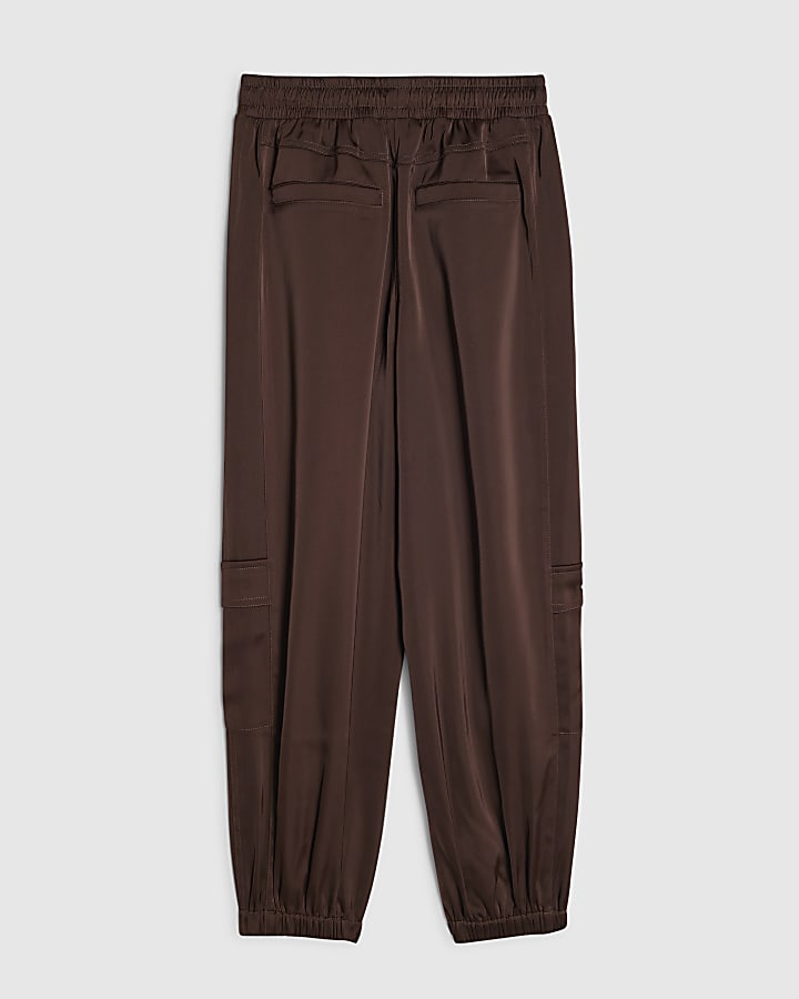 Girls Brown Satin Cargo Trousers