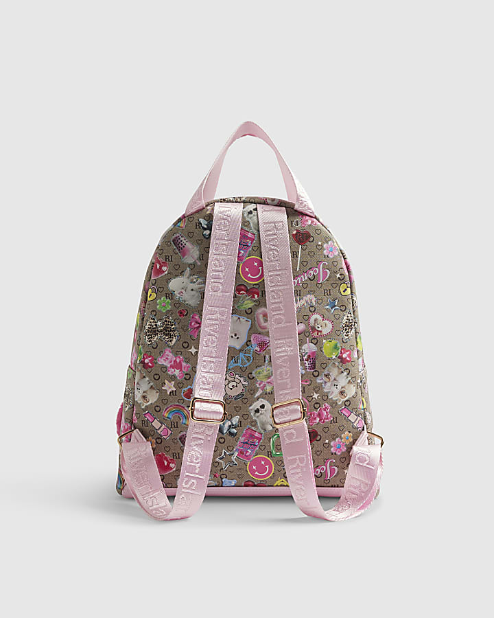 Girls Brown RI Monogram Sitcker Backpack