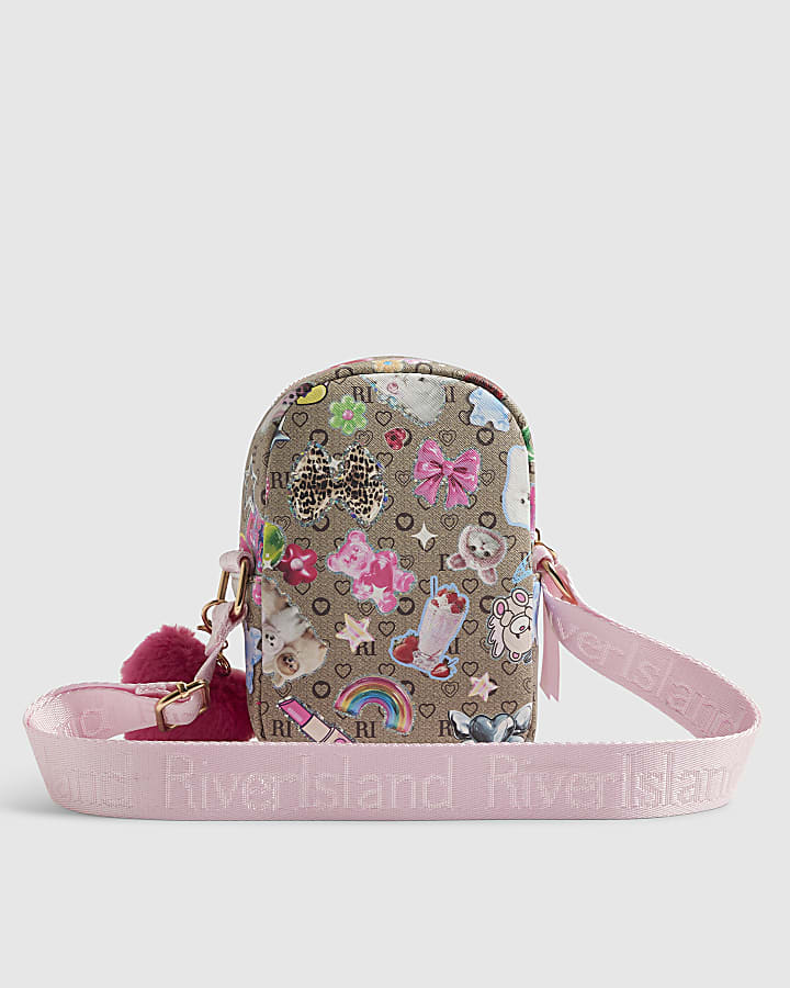 Girls Brown Monogram Sticker Cross Body Bag