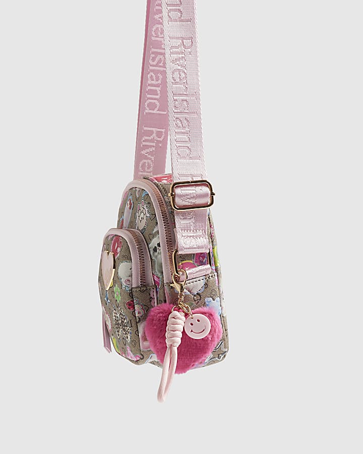 Girls Brown Monogram Sticker Cross Body Bag