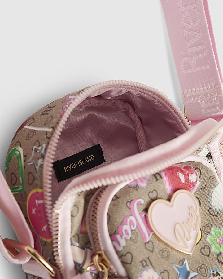 Girls Brown Monogram Sticker Cross Body Bag