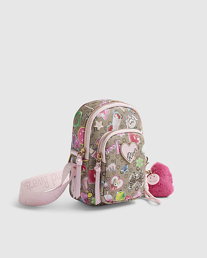 Girls Brown Monogram Sticker Cross Body Bag