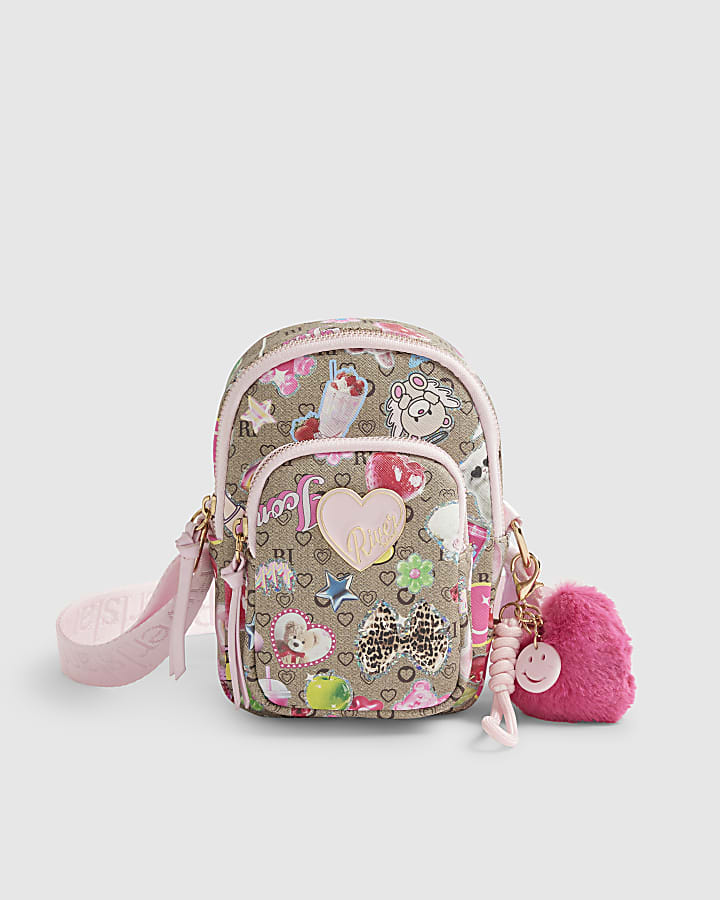 Girls Brown Monogram Sticker Cross Body Bag