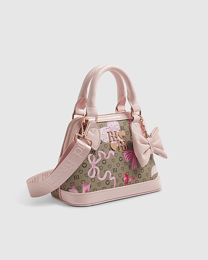 Girls Brown Bow Monogram Cross Body Bag