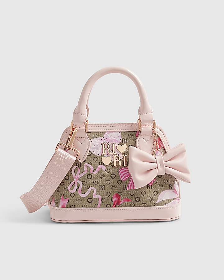 Girls Brown Bow Monogram Cross Body Bag