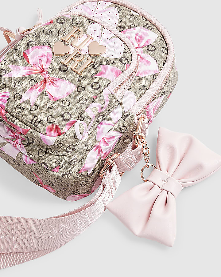 Girls Brown Bow Monogram Cross Body Bag