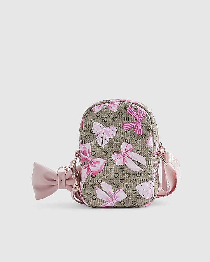 Girls Brown Bow Monogram Cross Body Bag