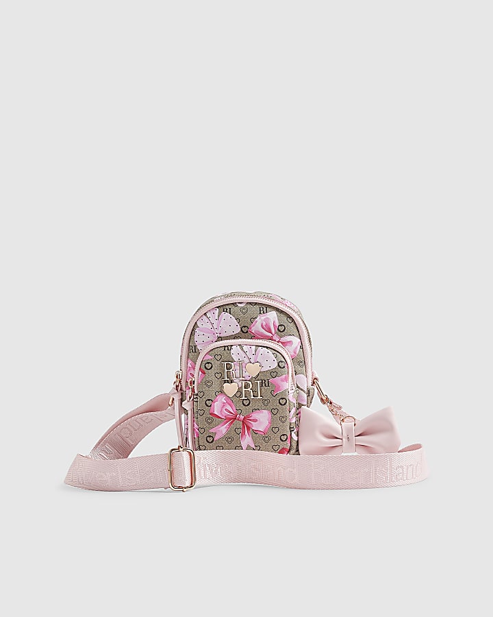 Girls Brown Bow Monogram Cross Body Bag