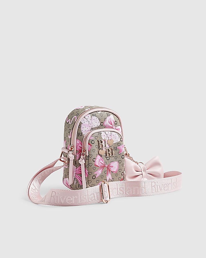 Girls Brown Bow Monogram Cross Body Bag