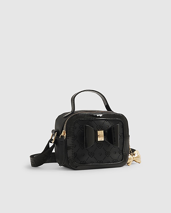 Girls Black Monogram Box Cross Body Bag