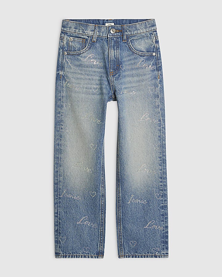 Girls Blue Scripty Straight Leg Jeans