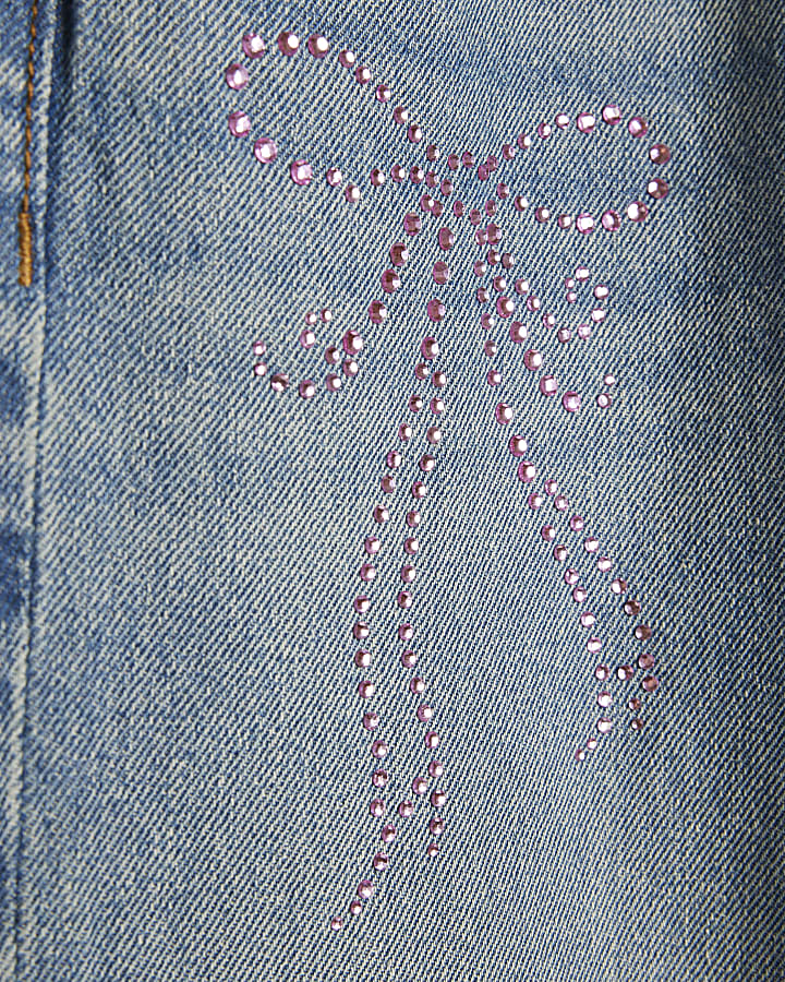 Girls Blue Embellished Bow Straight Leg Jeans