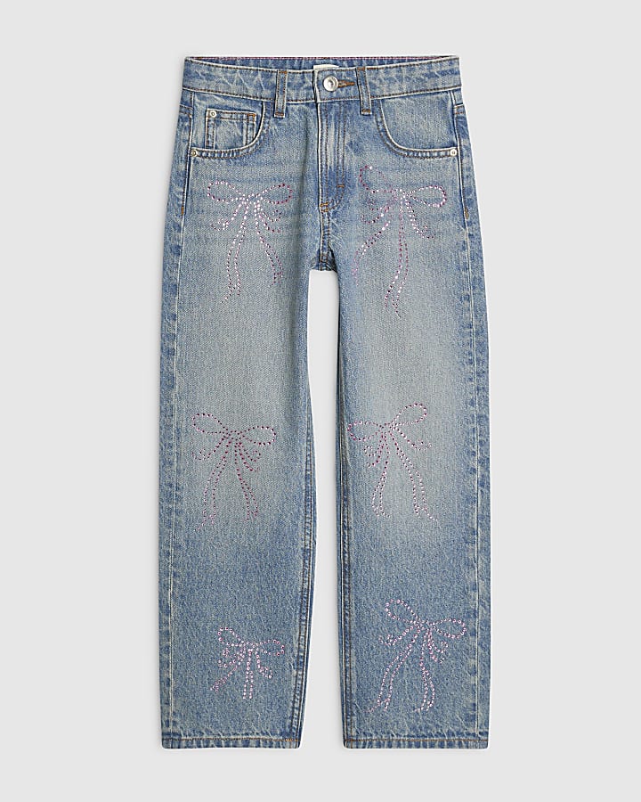 Girls Blue Embellished Bow Straight Leg Jeans