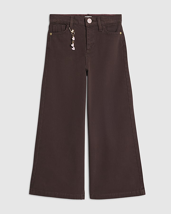 Girls Brown Heart Charm Wide Leg Jeans