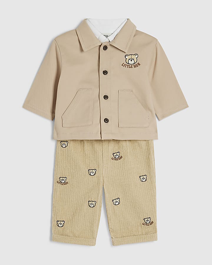 Baby Boys Cream Bear Shacket 3 Piece Set