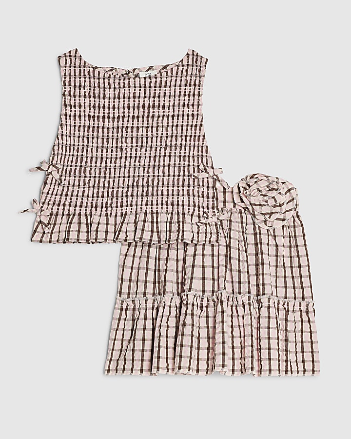 Girls Pink Check Rosette Top Set