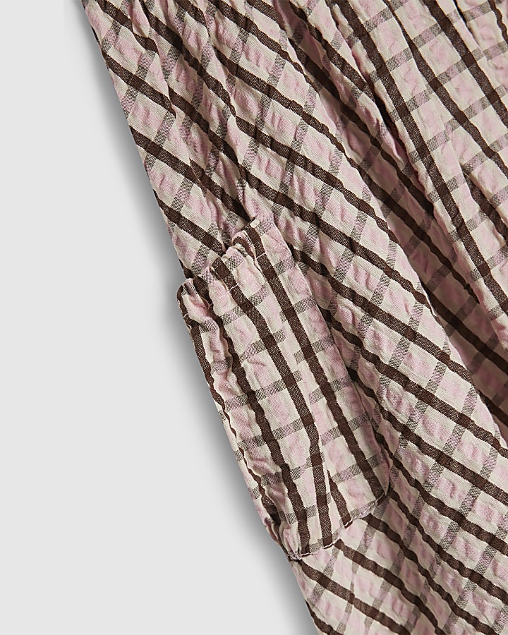 Girls Pink Check Puffy Short Sleeve Dress