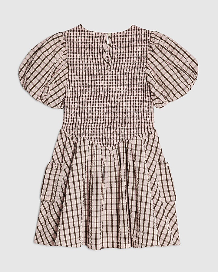 Girls Pink Check Puffy Short Sleeve Dress