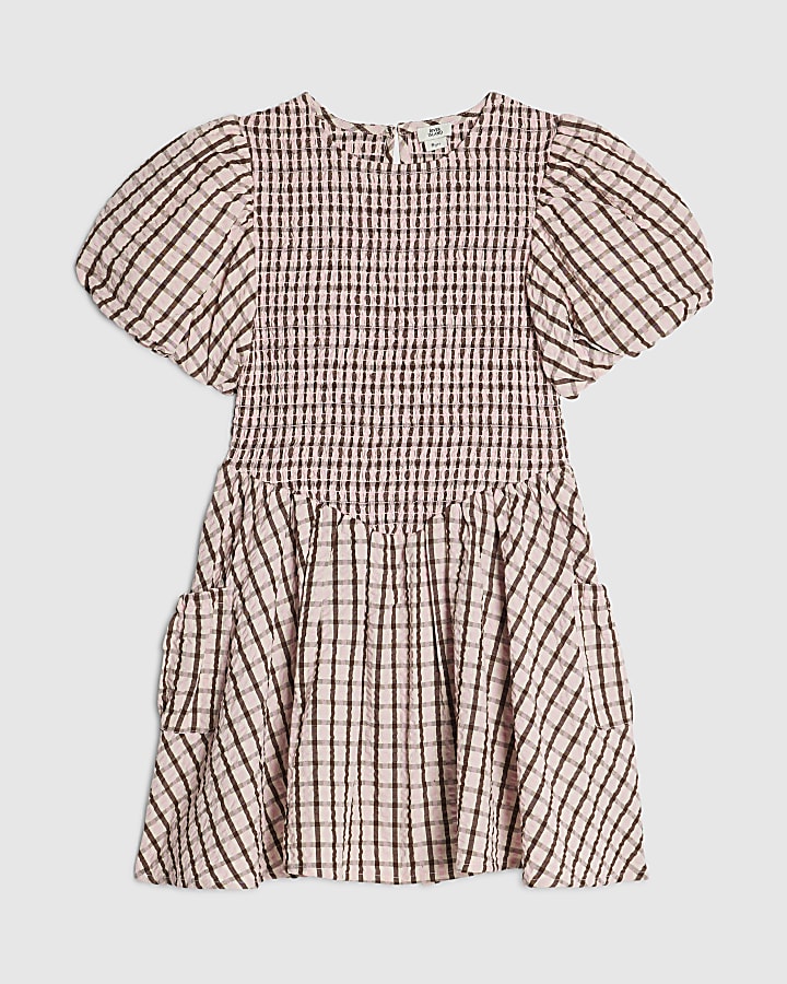 Girls Pink Check Puffy Short Sleeve Dress
