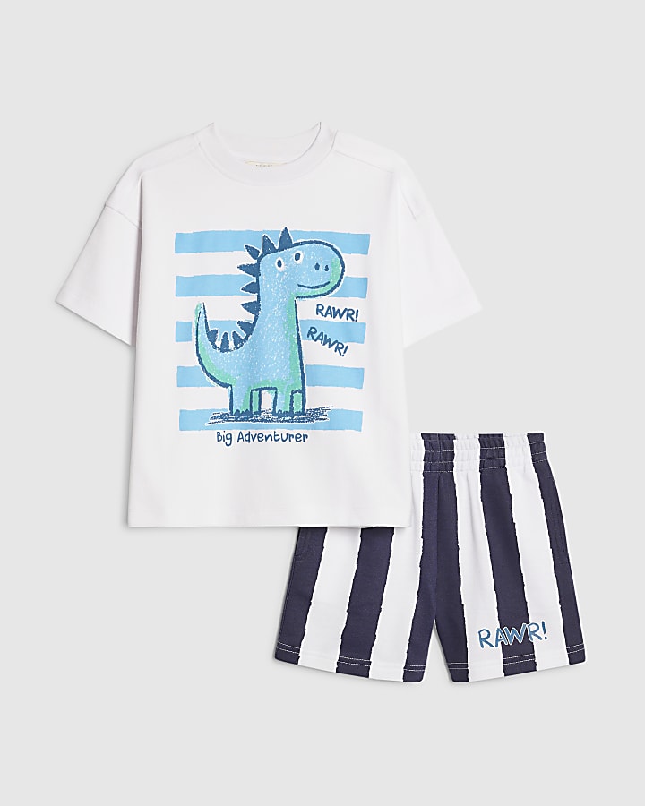 Mini Boys White Dino Striped T-Shirt Set
