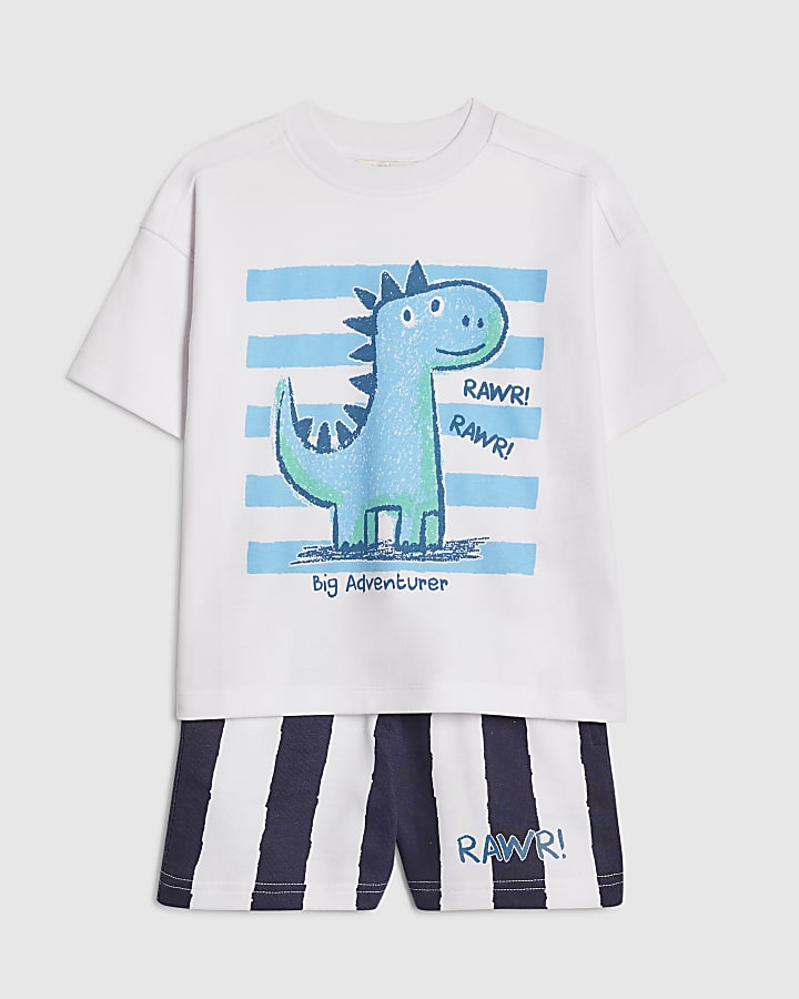 Mini Boys White Dino Striped T-Shirt Set