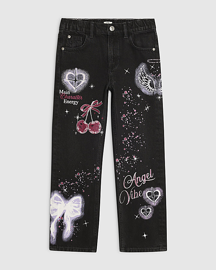 Girls Black Angel Graffiti Straight Leg Jeans