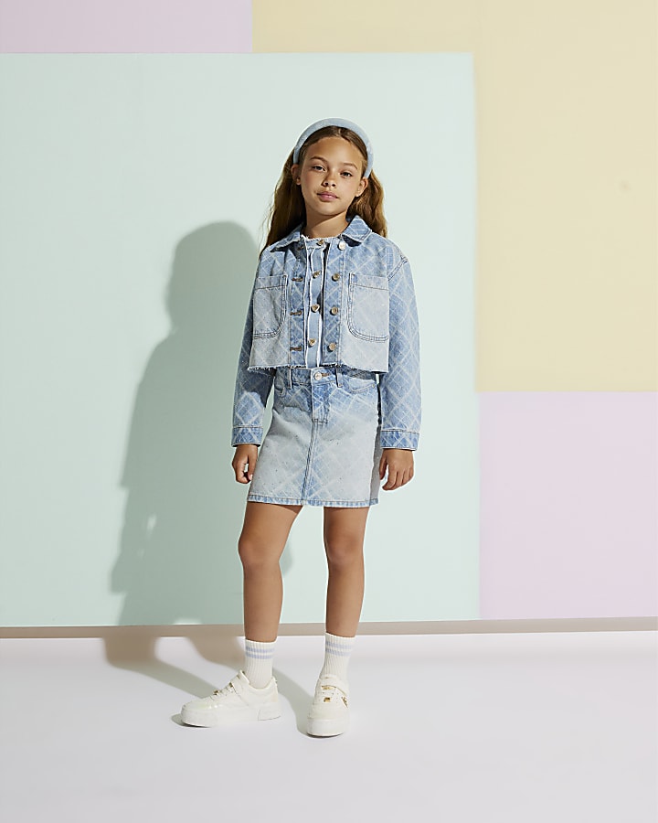 Girls Blue Embellished Check Denim Jacket