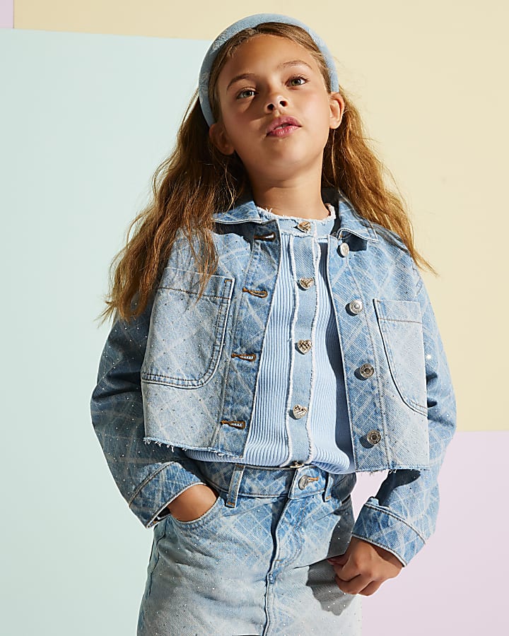 Girls Blue Embellished Check Denim Jacket